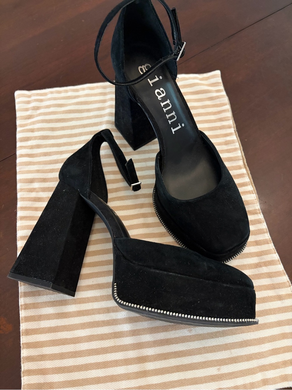 Gianni Bini Black Suede Platform Ankle-Strap Block Heels